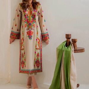 Embroidered Beige Lawn Kurta Dress with Multicolor Floral Motif